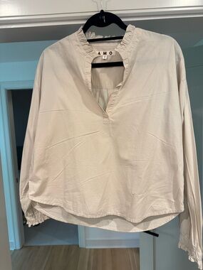 AMO Cream Ruffle-Neck Long Sleeve Blouse